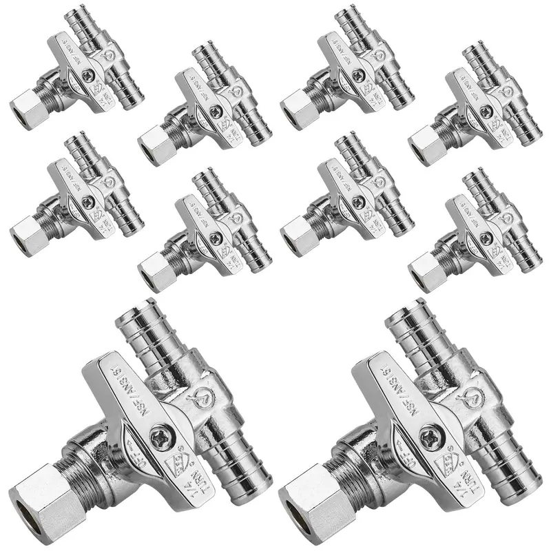 10-Pack 1/2" Pex Crimp Tee Stop Valve: Dual 1/2" Crimp + 3/8" Od Compression, 1/4-Turn 1