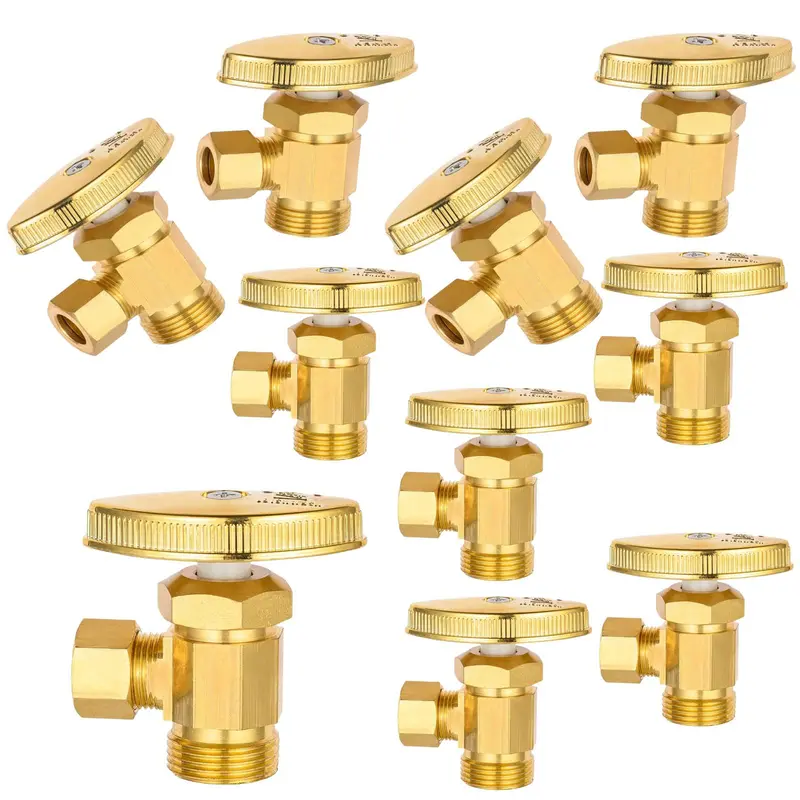 10-Pack Brushed Brass Multi-Turn Angle Stop Valve: 1/2-Inch × 3/8-Inch Compression 1