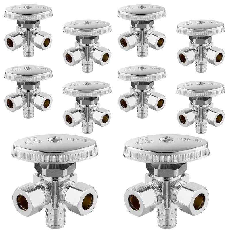 10-Pack Lead-Free 1/2" Pex Crimp X Dual 3/8" Od Compression Angle Stop Valve (Multi-Turn) 1