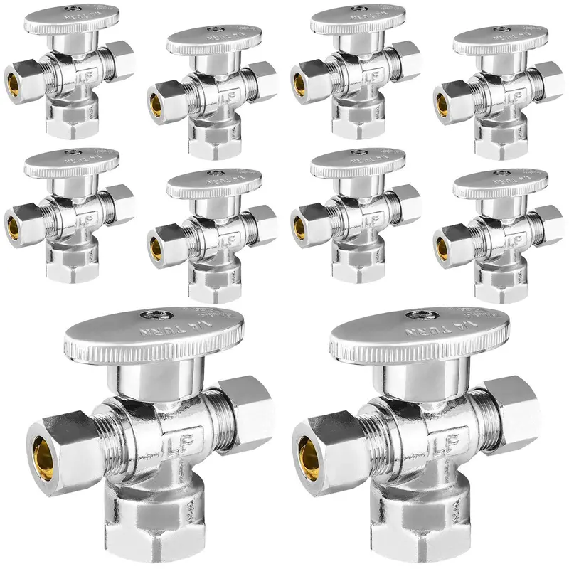 10-Pack Lead-Free Dual-Angle Compression Stop Valve – 1/2 Inch Fip To Dual 3/8 Inch Od, Quarter-Turn 1