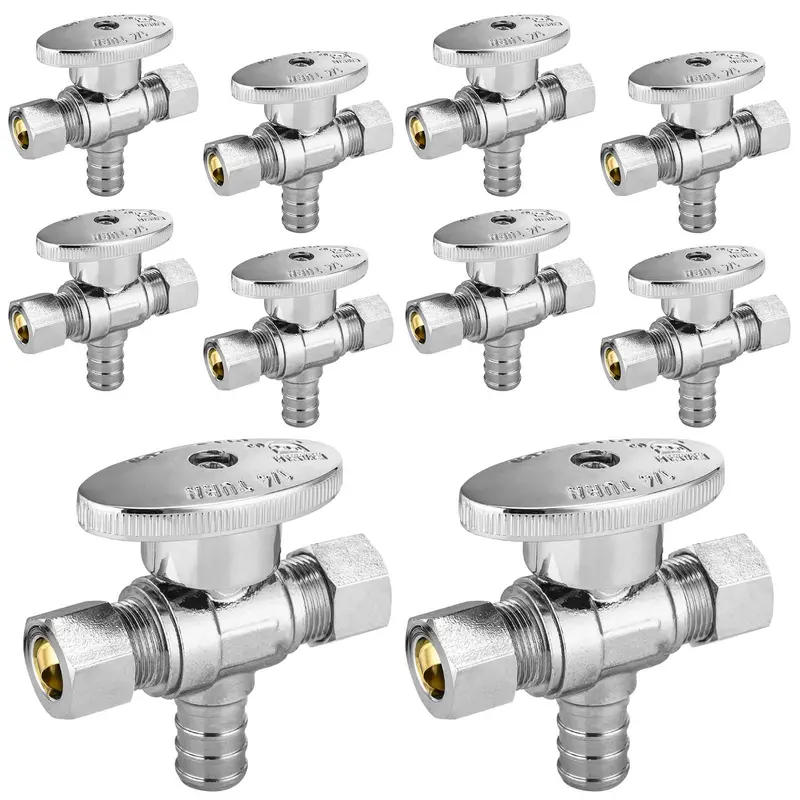 10-Pack Lead-Free Dual-Outlet 1/2-Inch Pex Crimp × 3/8-Inch Od Compression Angle Stop Valves — 1/4-Turn 1
