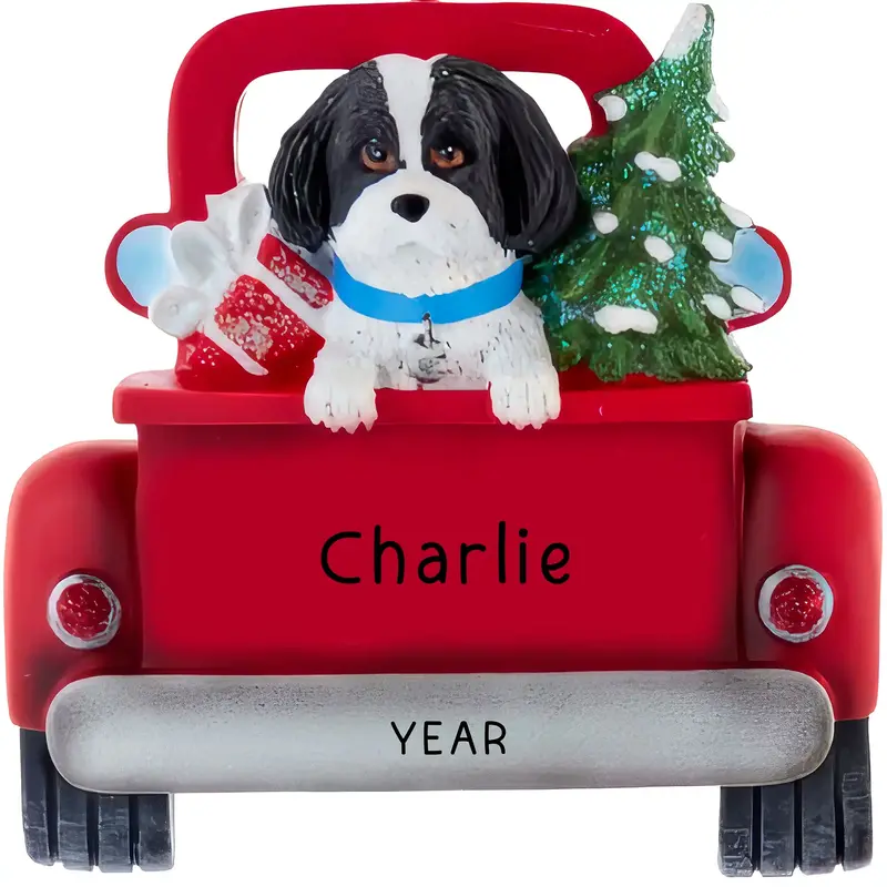 Black Shih Tzu In Vintage Pickup Truck Christmas Ornament 1