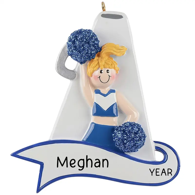 Blue Cheerleader Ornament With Megaphone – Blonde Hair Style 1