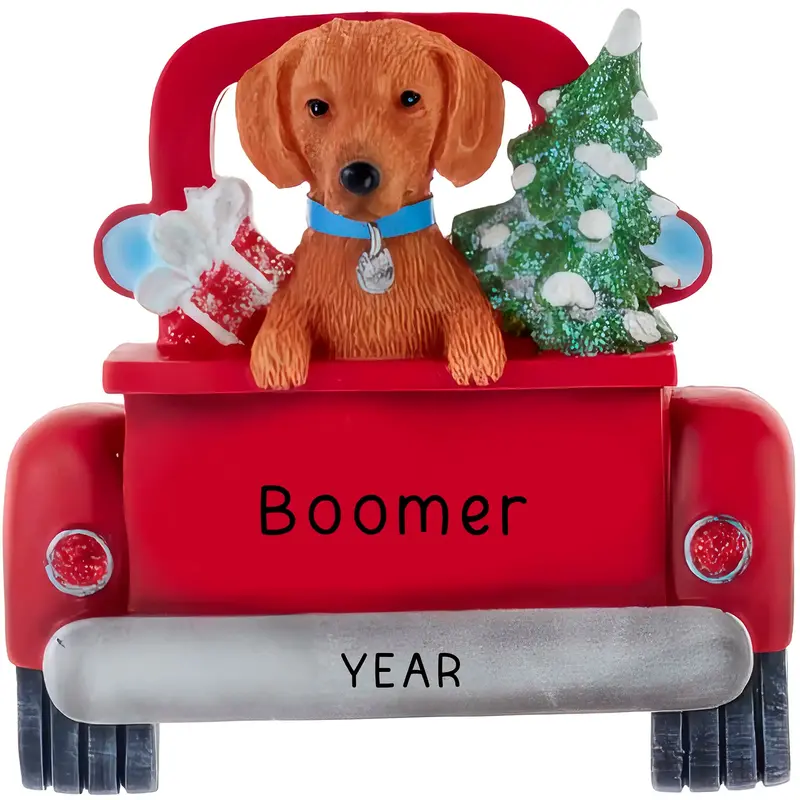 Brown Dachshund Ornament With Vintage Pickup Truck 1