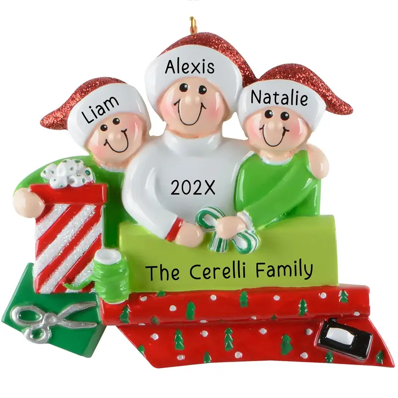 Family Of Three Ornament – Parent And Two Kids Wrapping Gifts 1