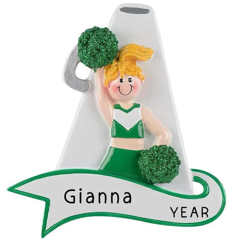 Green Cheerleader Ornament With Megaphone – Blonde Hair Style 1