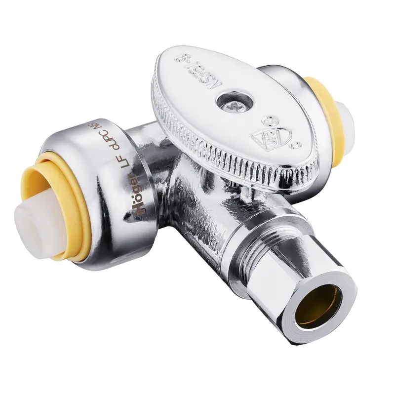 Lead-Free 1/2" Push-To-Connect Tee Stop Valve With 1/4-Turn Handle, 1/2" Inlet/Outlet × 3/8" Od Compression 1