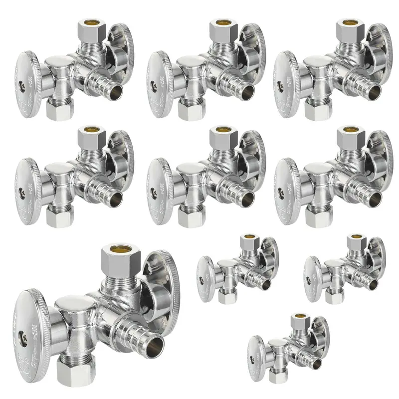 Lead-Free Dual-Stop 1/2" Pex Crimp Valve With 3/8" Od Compression Ports – 10-Unit Set, 1/4-Turn 1