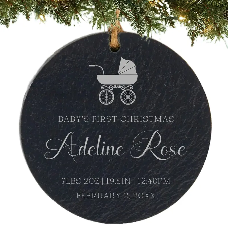 Newborn Arrival Ornament – Baby Carriage Theme With Custom Text 1