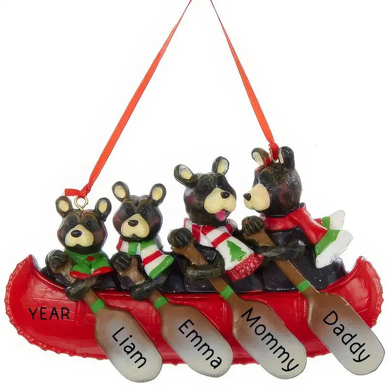 Rustic Bear Canoe Ornament For Four-Person Family 1