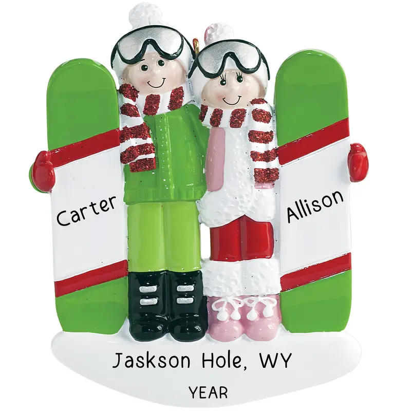 Snowboarding Couple Christmas Ornament – Dual-Skier Design 1