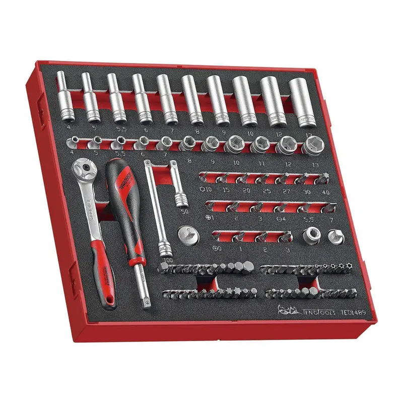 Teng Tools 89-Piece 1/4" Drive 6-Point Metric Socket Set With Shallow, Regular, And Bit Sockets In Foam Case – Ted1489 1