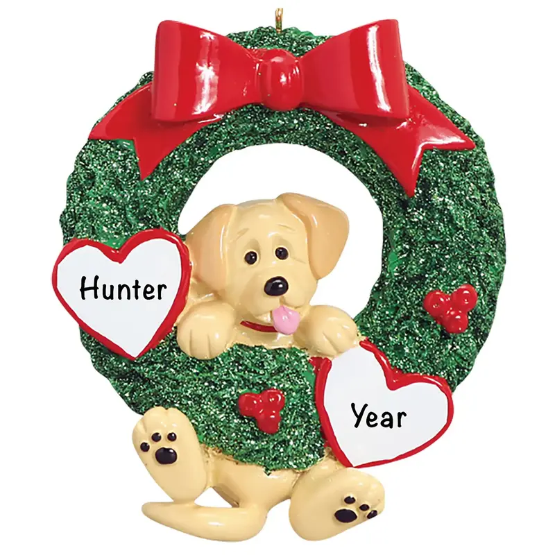 Yellow Labrador Glitter Christmas Wreath Ornament 1